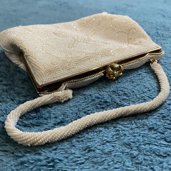 Vintage Women's Handbag Made In Japan Ivory White Italian Bead Purse Clasp - Picture 16 of 16